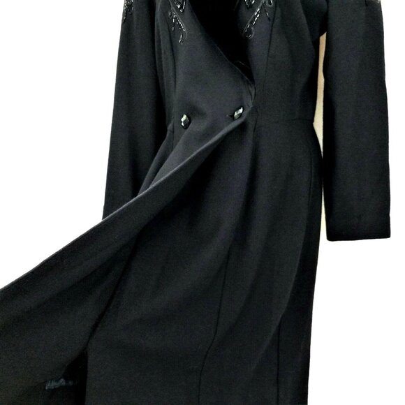 Nancy Johnson Vintage Black Wool Dress S M Velvet Collar Beaded Embellished Long - Picture 4 of 10